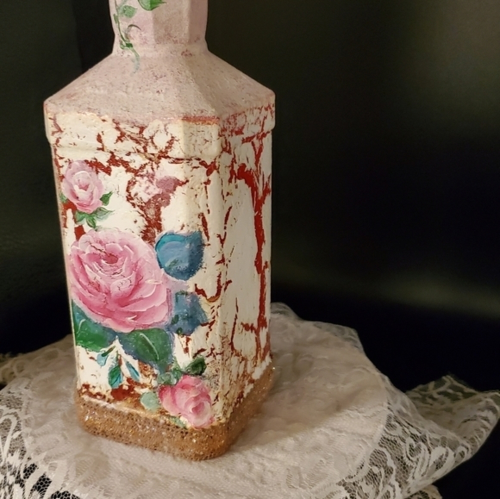 Hand painted crackled red rose liquor bottle